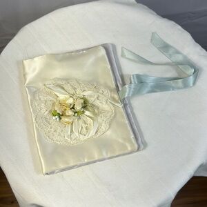 Vintage Book Cover Blue Ribbon Tie 6 1/2 x 5 Satin Material Lace & Flower Top